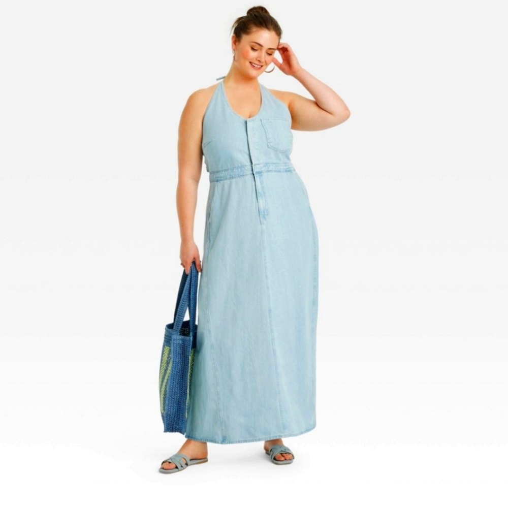 Universal Thread Light Blue Denim Halter Maxi Dress